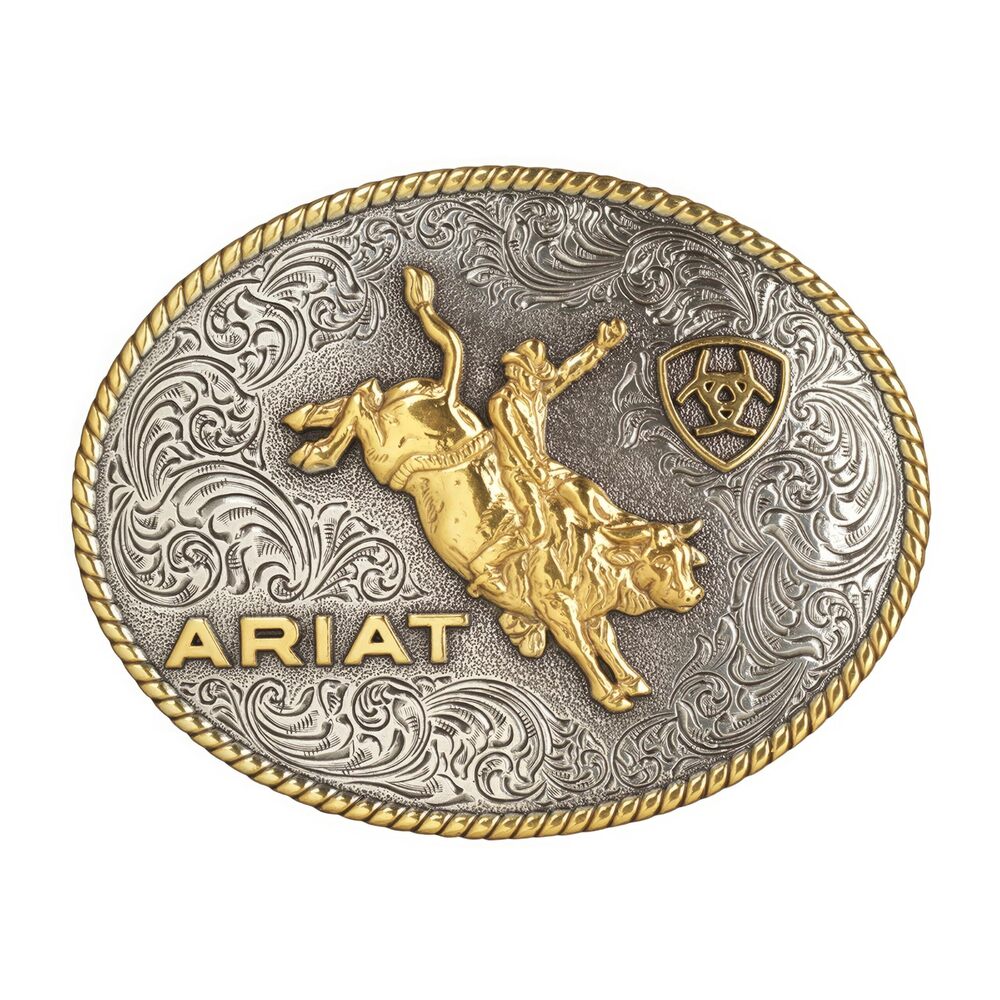 8982 Oval Buckle with Bull Rider Motif, Rope Edge, Antique Silver and Gold